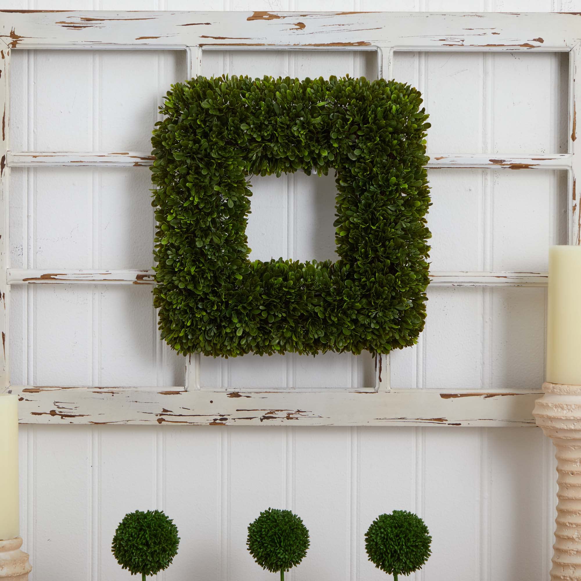Nearly Natural 17" Tea Leaf Square Wreath UV Resistant Artificial Plant, Green - Image 5