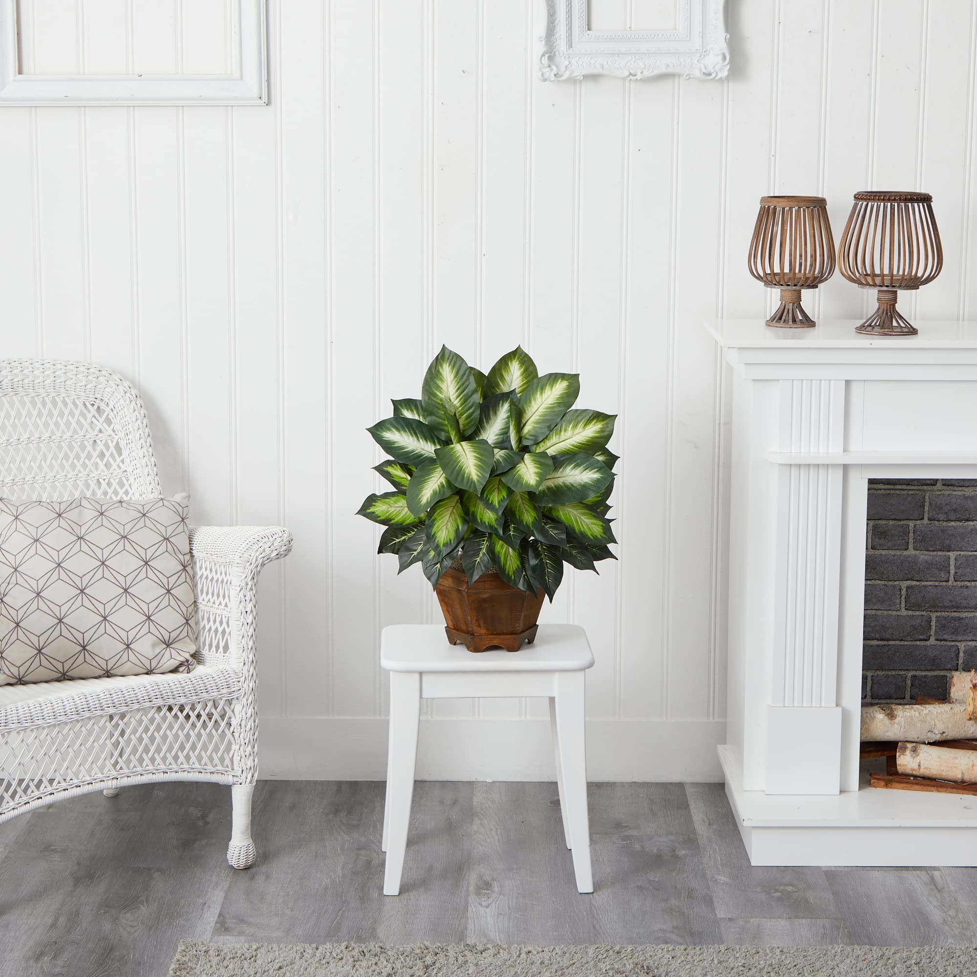 Nearly Natural 22IN Artificial Triple Golden Dieffenbachia Plant with Decorative Wood Planter, Faux Plant for Indoor Home Décor - Image 5