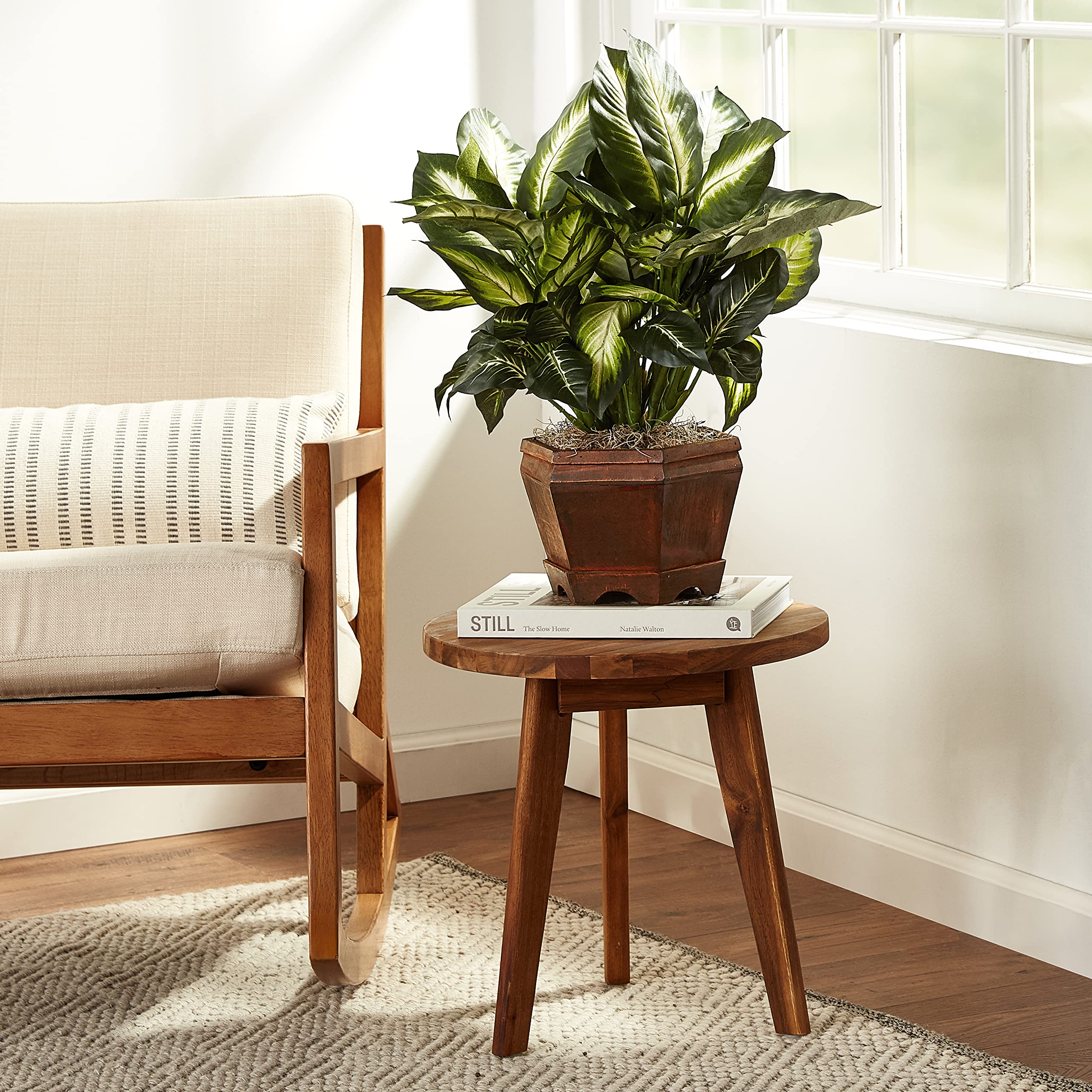 Nearly Natural 22IN Artificial Triple Golden Dieffenbachia Plant with Decorative Wood Planter, Faux Plant for Indoor Home Décor - Image 9