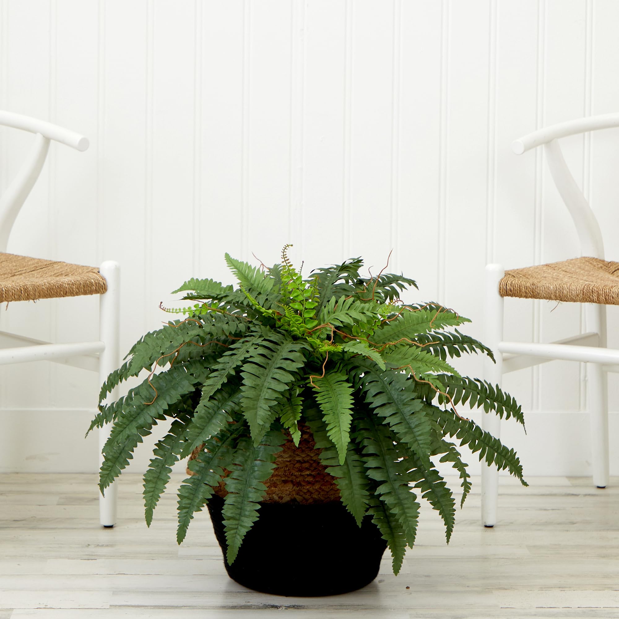 Nearly Natural 23in. Artificial Boston Fern Plant with Handmade Jute & Cotton Basket DIY KIT - Image 3