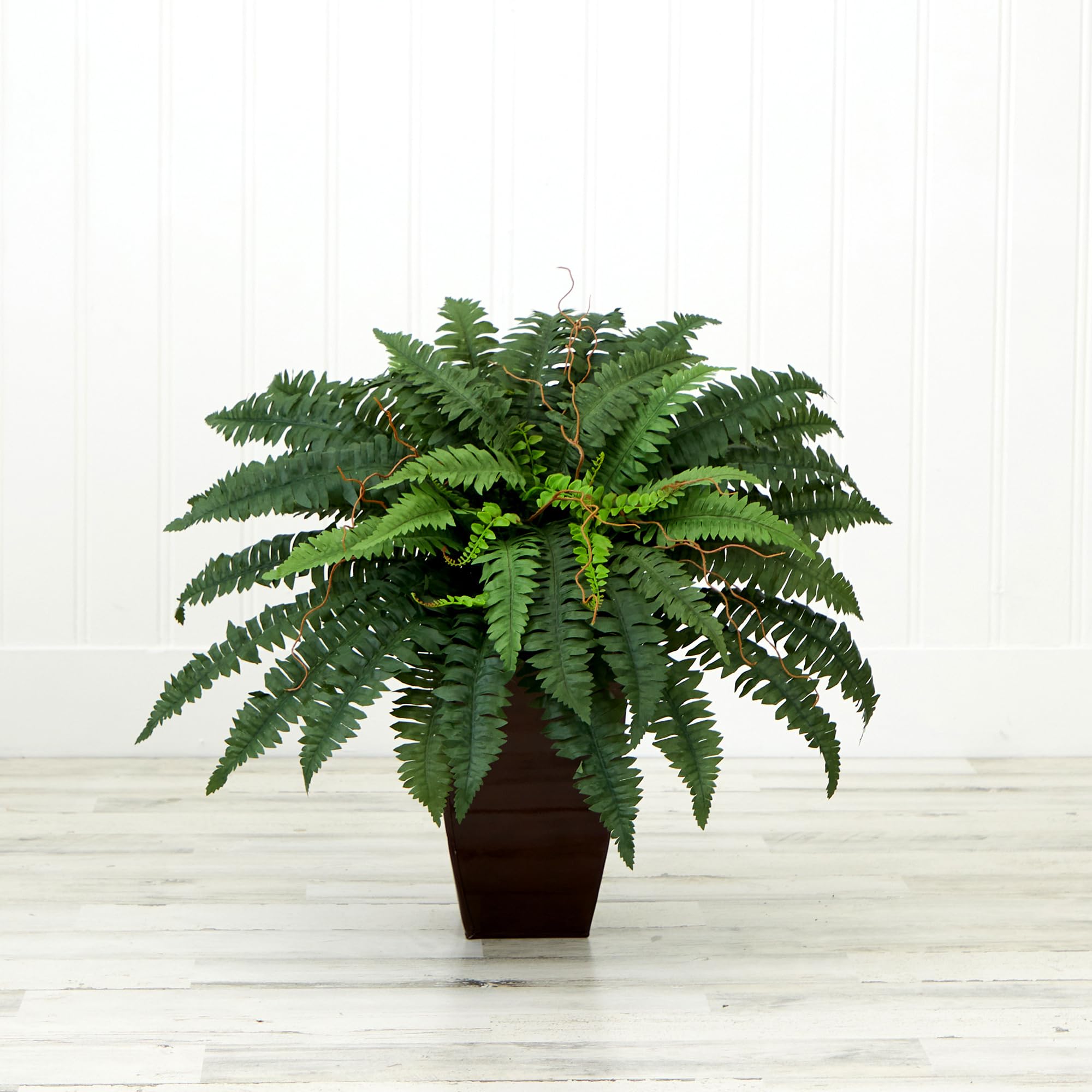 Nearly Natural 23in. Artificial Boston Fern Plant with Tapered Bronze Square Metal Planter DIY KIT - Image 4