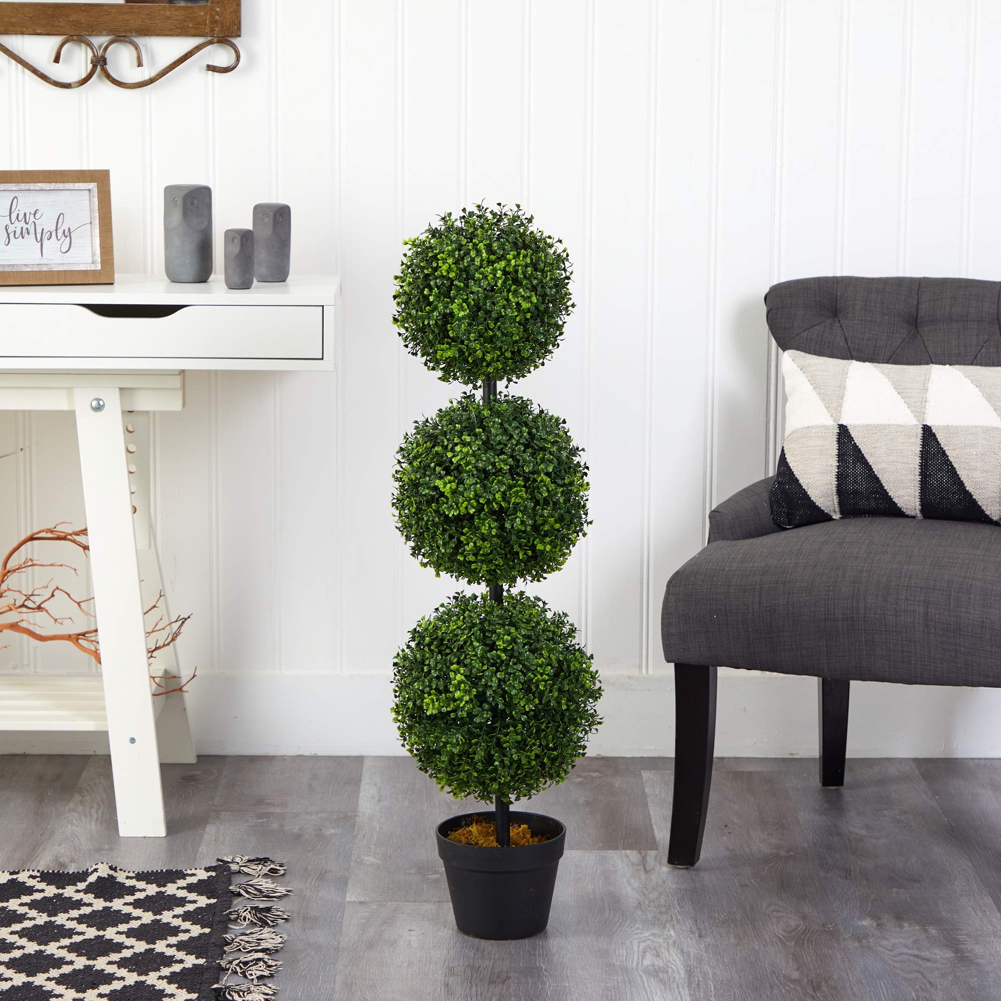 Nearly Natural 36in Artificial Triple Ball Boxwood Topiary Tree - Indoor Outdoor Realistic Faux Greenery for Home Patio Office Decor, Low Maintenance - Image 8