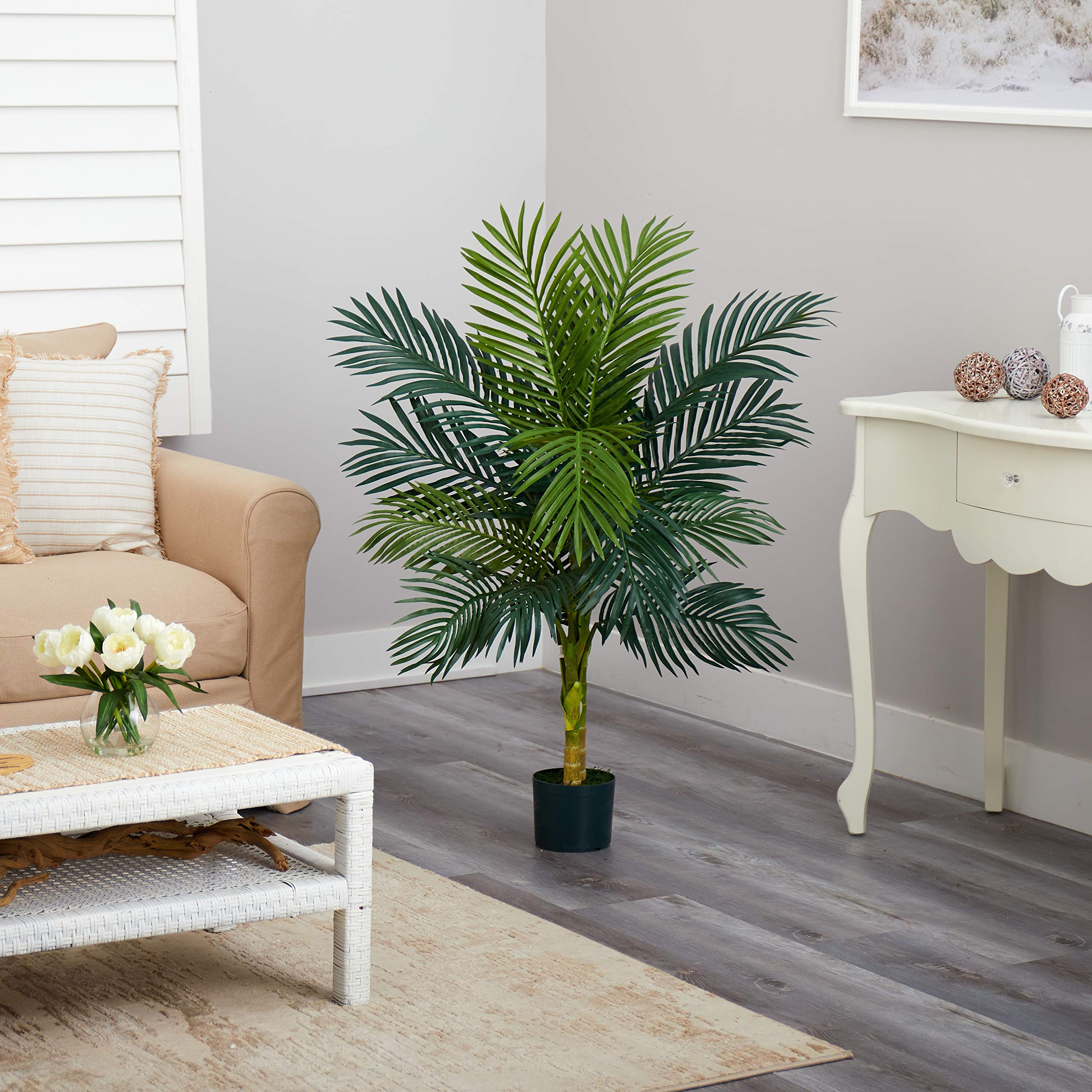 Nearly Natural 4ft Golden Cane Palm, Double Stalk Artificial Tree With Lush Realistic Foliage Maintenance Free Indoor Faux Palm Plant For Living Room, Easy Setup, Perfect Tropical Decoration - Image 4