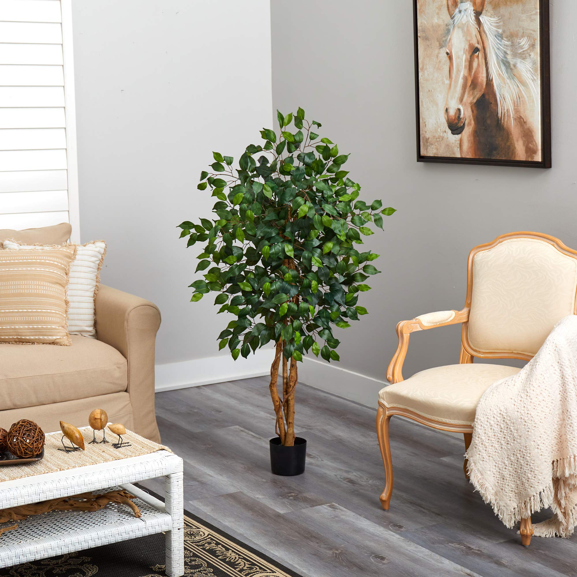 Nearly Natural 4ft Triple Trunk Artificial Ficus Tree With Natural Wood Trunks, Indoor Faux Ficus, Black Nursery Pot, Living Room Home Decor - Image 7