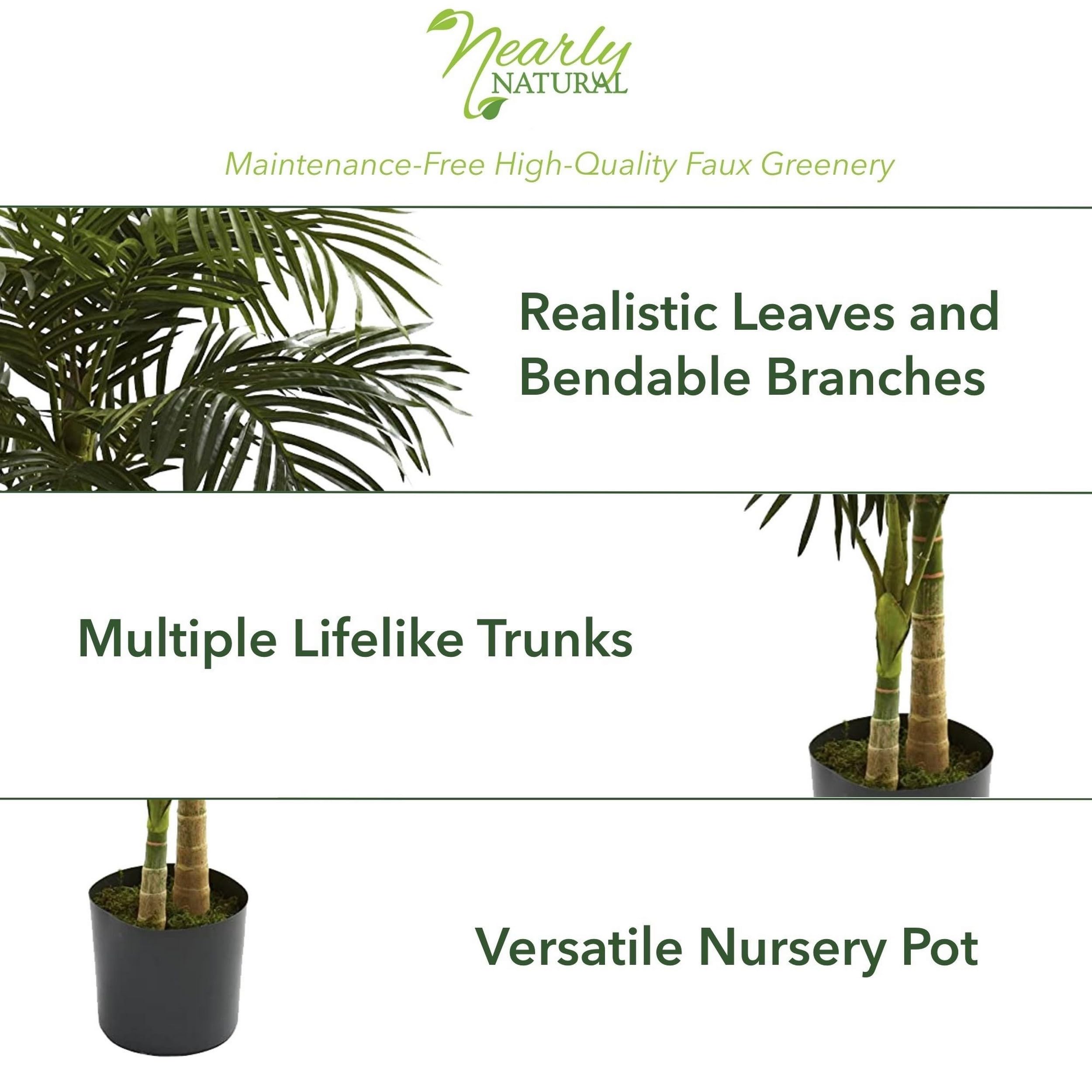 Nearly Natural 6.5ft Artificial Golden Cane Palm Tree, Lifelike Silk Indoor Palm With Three Textured Trunks Flexible Fronds Nursery Planter, Low Maintenance - Image 4