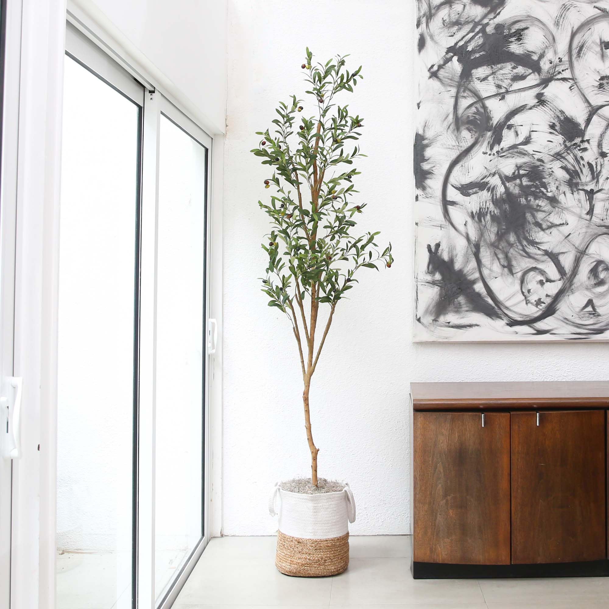 Nearly Natural 7FT Tall Artificial Olive Tree with Jute Basket Planter - Faux Olive Tree with Natural Wood Trunk, Realistic Olive Tree Branches and Fruit - Image 6